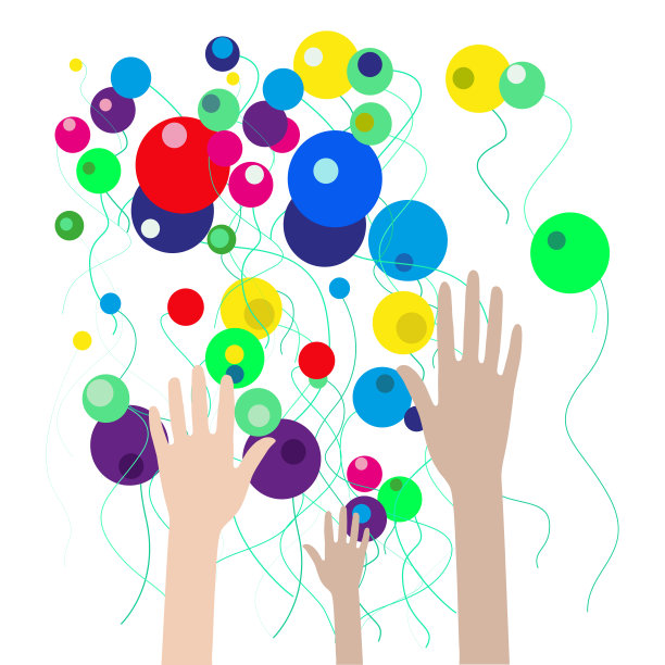 举起手的矢量插图，以气球为背景。节日,好心情。图片下载