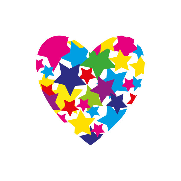 用多色星星做成的心形图案。向量。图片下载