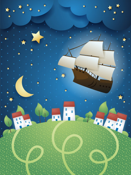 夜晚的梦幻风景有村庄和飞艇。矢量插图eps10图片下载
