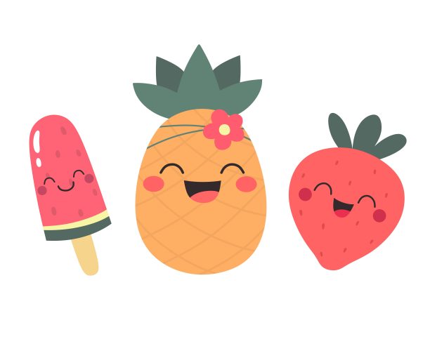 快乐水果，夏日派对。菠萝、西瓜和草莓冰淇淋。病媒分离在白色背景上。儿童插画，食物，可爱。图片下载
