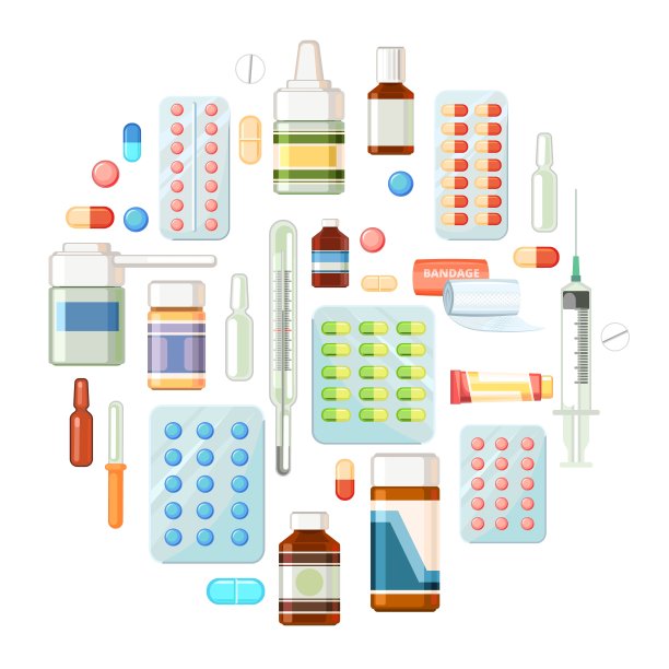 药物。插图药丸，胶囊，温度计，注射器。药用药。制药行业。救护车。药店孤立在白色背景上。平面设计。向量图片下载