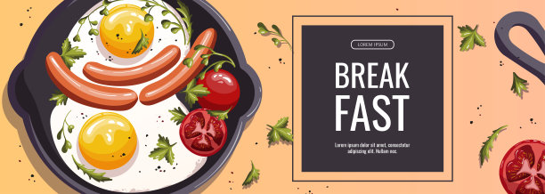 促销横幅用煎蛋，香肠，西红柿。健康饮食，营养，饮食，烹饪，早餐菜单，新鲜食物概念。图片下载