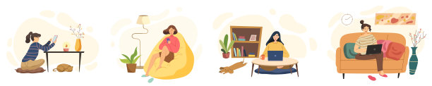 年轻妇女在舒适的条件下工作和休息。平面向量插图。图片下载