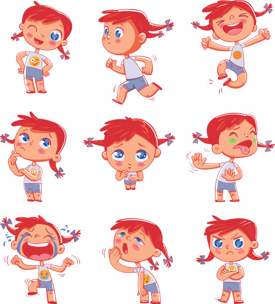 可爱的女孩与不同的情绪表情贴纸图片下载