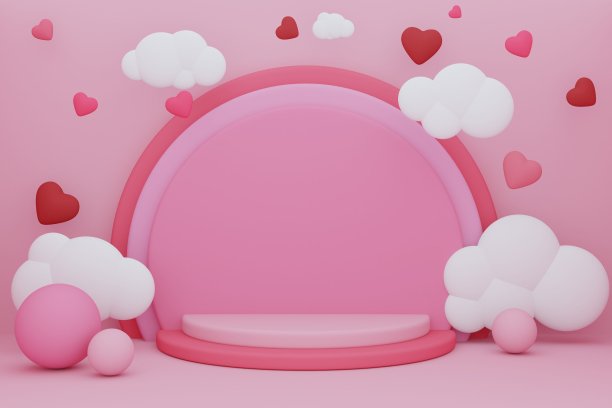 粉色最小舞台和小心形几何可爱的蜡笔舞台。图片下载