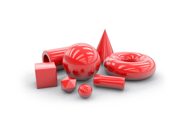 红色几何形状与反射在白色的背景。三维渲染图片下载