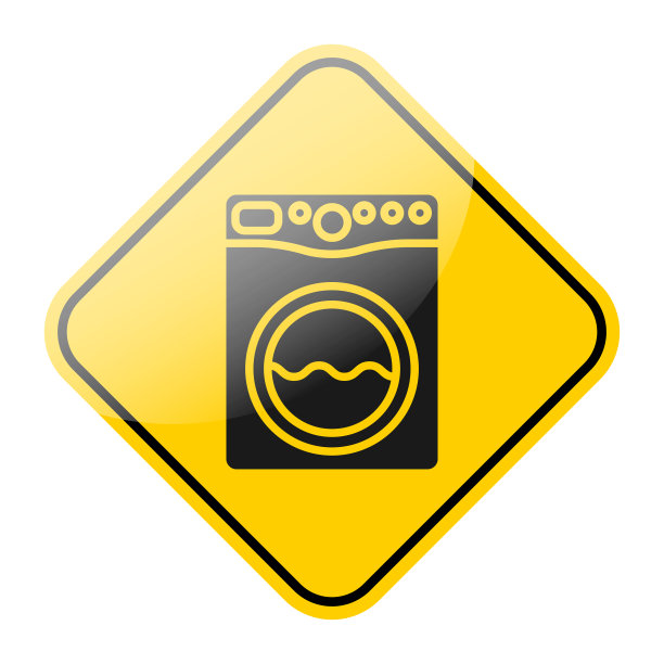 洗衣机黑色图标上的黄色路标。衣物清洗服务标志。矢量插图。图片下载