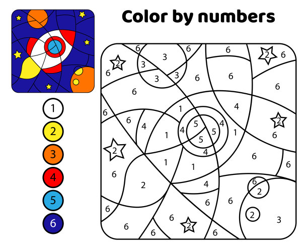 火箭在太空中。颜色的数字。黑色和白色矢量插图着色书与颜色的例子图片下载