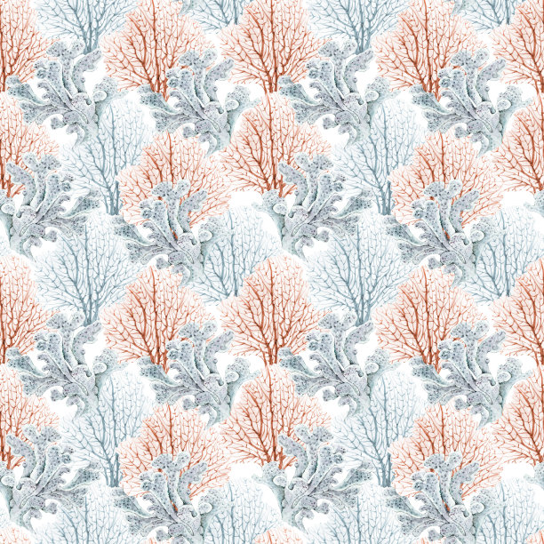 图案与海蓝色和粉红色珊瑚在白色的背景，水彩插图手绘在航海风格图片下载