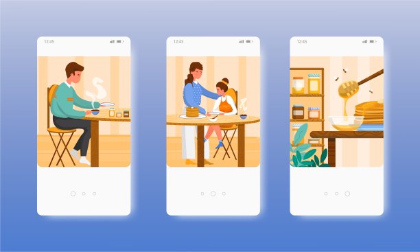 人们用蜂蜜做早餐。移动应用屏幕，矢量网站横幅模板。UI，网站设计。图片下载