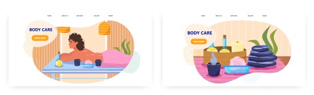 身体护理登陆页面设计，网站banner矢量模板集。享受水疗沙龙程序的女人。身体治疗。图片下载