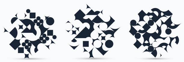 抽象几何设计集矢量图案构成，黑色和白色70年代复古风格模板艺术孤立在白色，创意优雅的背景。图片下载