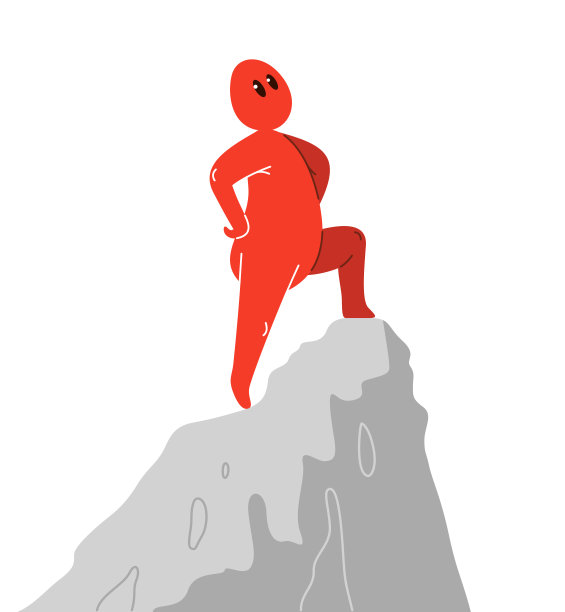 有趣的卡通人物站在高高的山顶像一个冠军矢量平面风格插图孤立在白色，商人或雇员在事业的顶峰上取得成功。图片下载