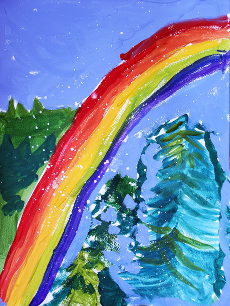 孩子们用树木和彩虹画出色彩缤纷的童话冬天的森林图片下载