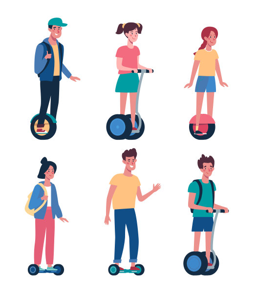 用电动交通工具收集孩子们的平面矢量。孩子们骑gyroboards。 青少年，男孩和女孩骑。彩色插图在卡通风格孤立的白色背景。图片下载