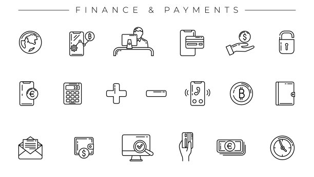金融和支付概念线风格矢量图标集。图片下载