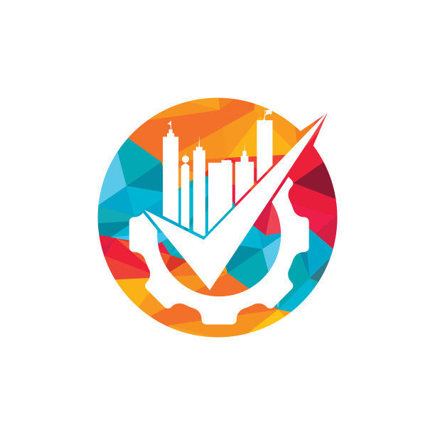 齿轮与摩天大楼和检查图标标志设计图片下载