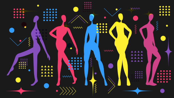 带有女性轮廓和几何形状的现代抽象旗帜。当代设计在黑暗的背景上明亮的颜色。节日的概念，夜总会，迪斯科，舞蹈，模型讲台。向量图片下载