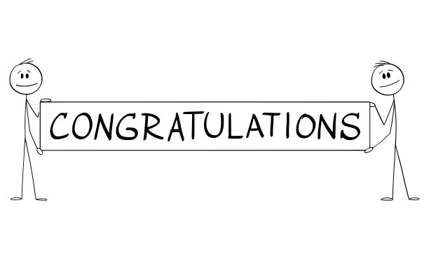 两个人举着大的祝贺标志或旗帜，矢量卡通棍人物插图图片下载