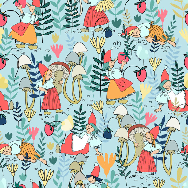 无缝模式与有趣的女性侏儒收集浆果，蘑菇，花。森林里的童话精灵女孩图片下载