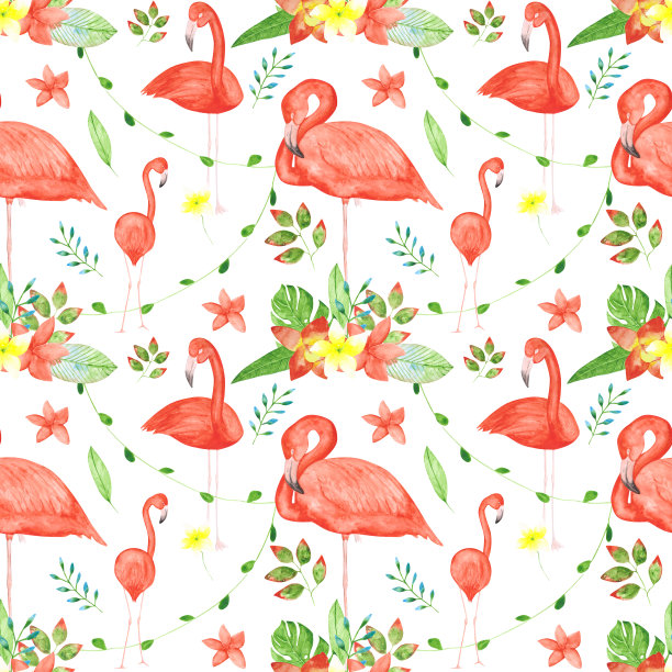 水彩火烈鸟无缝模式上的白色背景。手绘的粉红色热带鸟类和异国情调的花朵无尽的印花。彩色火烈鸟和热带植物墙纸。美丽的打印。图片下载