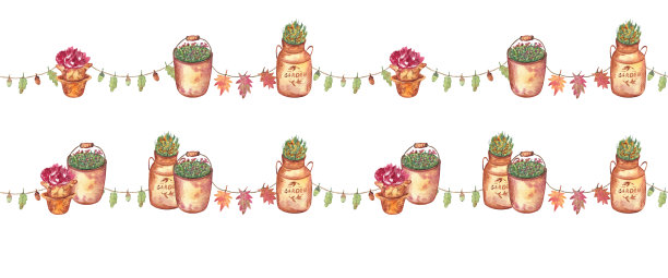 无缝的农家风格的秋季节日花环。花园罐头、盛有香草的桶、盛有花瓣的碗、橡木和枫木的迷你花环都是用水彩画的。图片下载