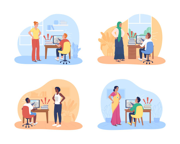 青少年与父母问题的2D矢量孤立插图集图片下载