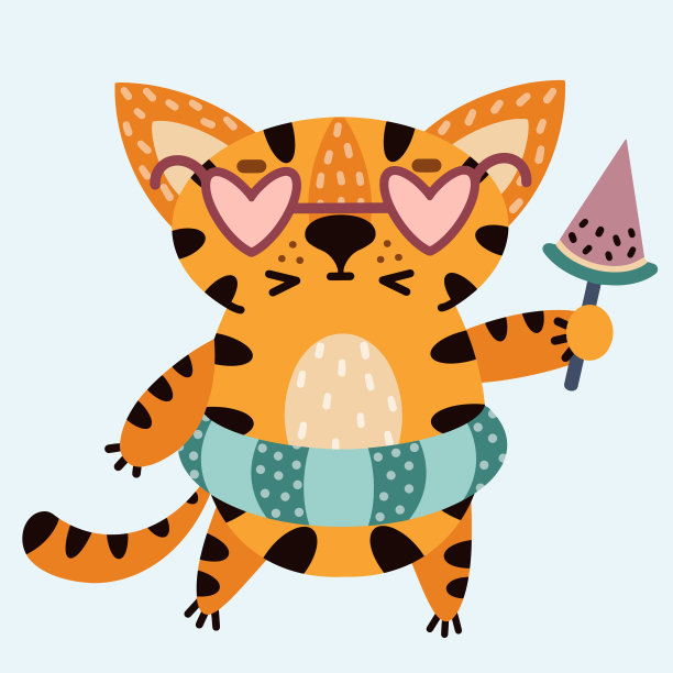 可爱的卡通条纹老虎。猫戴着墨镜。老虎正在吃冰淇淋。海滩上的动物。带着游泳圈的捕食者。矢量图标孤立在白色背景。平的风格图片下载