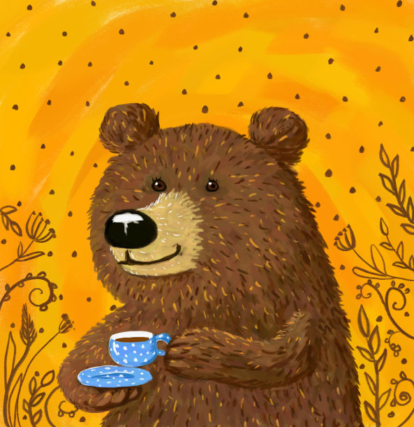 可爱美丽的棕色卡通微笑棕熊与一个马克杯在黄色的背景图片下载