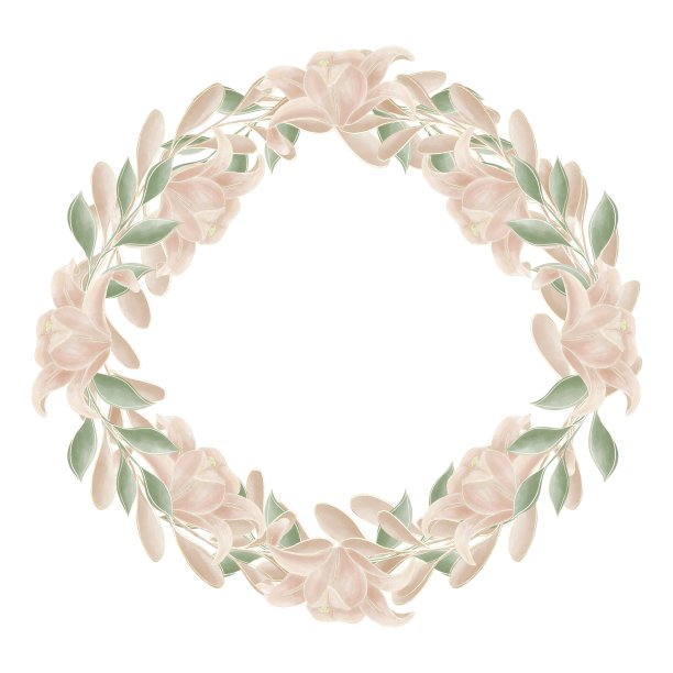 圆形框架由精致的插图百合花和树枝在绿色和米黄色与金色的轮廓在白色的背景图片下载