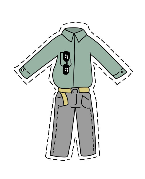 孤立裁剪出的男人衣服。衬衫，太阳镜，配皮带的灰色裤子。卡通风格矢量插图。图片下载