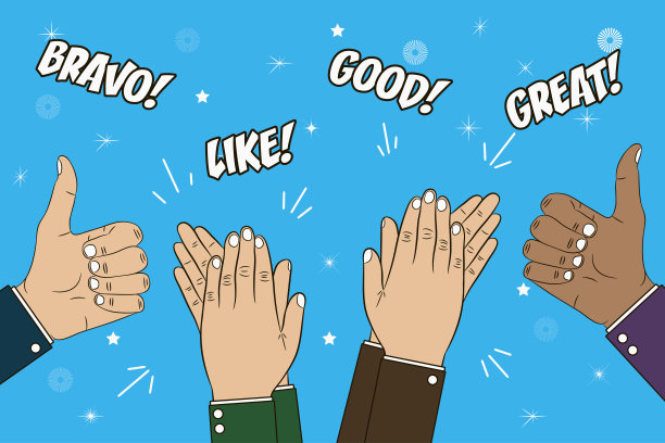 鼓掌、鼓掌和竖起大拇指的手势。祝贺你的概念插图与文本- bravo，很好，喜欢，好。向量图片下载