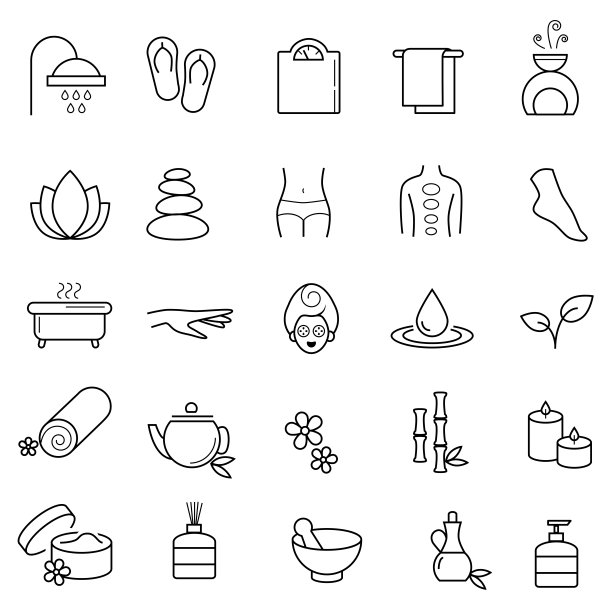 系列线性，现代风格的水疗中心，健康图标。矢量艺术。图片下载