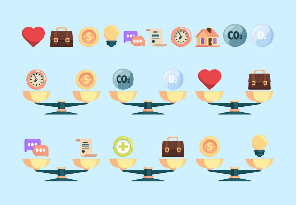 尺度概念图片。商业比较金钱和友谊时间缩放价值预算想法头脑创新灯泡花哨向量平面图片缩放图片下载