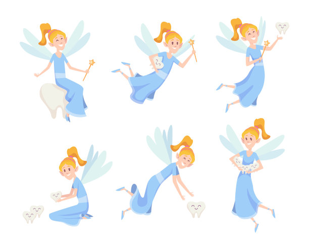 牙仙子。可爱的小飞行公主与翅膀的行动姿态准确卡通幻想吉祥物孤立图片下载