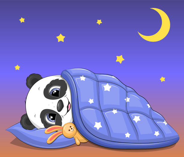可爱的卡通熊猫带着兔子玩具睡在蓝色毯子下。图片下载
