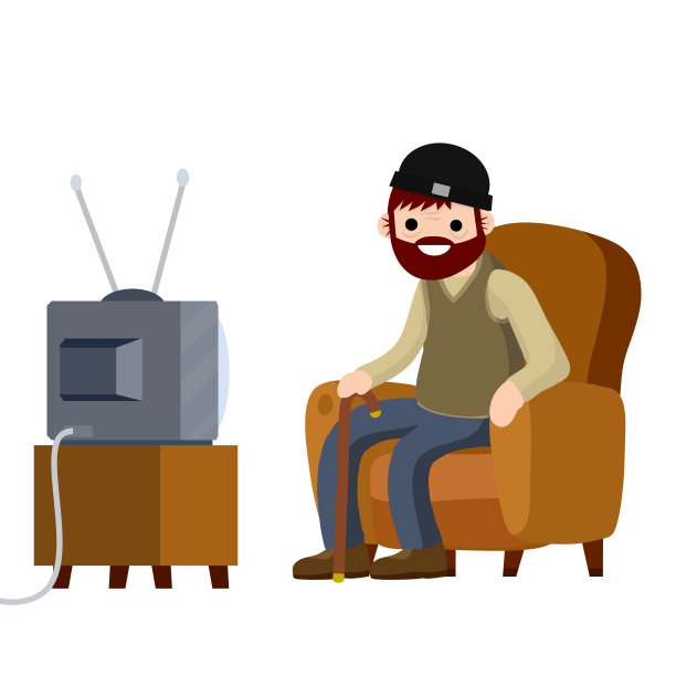 坐在扶手椅上看复古电视的老人。有趣的祖父。爷爷的生活方式。卡通平面插图。爱好和消遣老年人图片下载