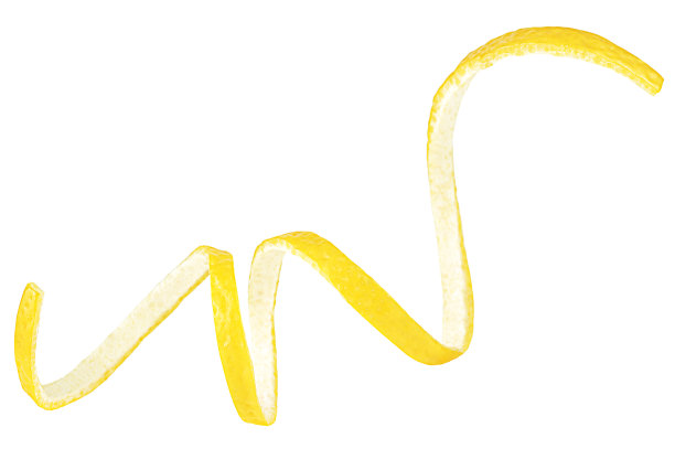 黄色的柠檬果皮孤立在白色的背景。螺旋形柠檬皮。图片下载