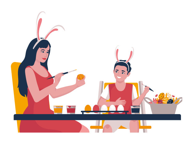 母亲和儿子在为复活节涂彩蛋图片下载