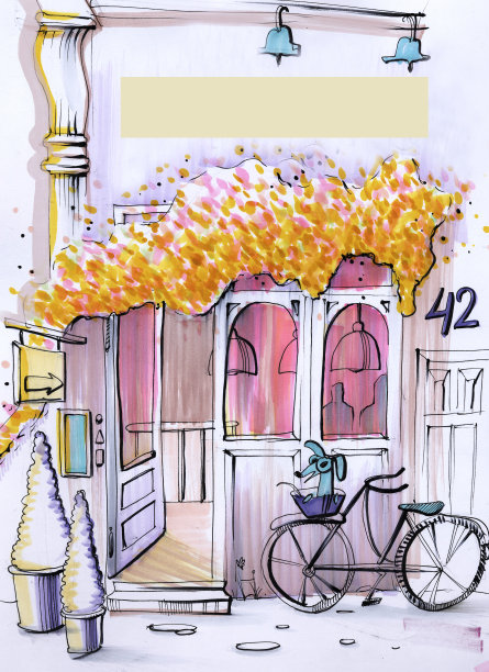 一个快速草图与标记和笔外部街道咖啡馆与秋季装饰附近的正面牌匾和一辆自行车和一只有趣的狗图片下载