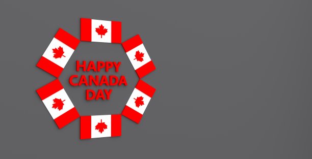 3D加拿大国旗旋转安排围绕快乐加拿大日的文本在抽象背景的设计内容。3 d渲染。图片下载