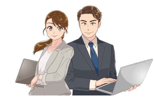 自信的商人和女商人拥有个人电脑。图片下载