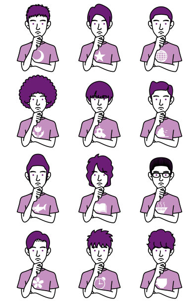 不同发型的男人的脸在思考姿势。图片下载