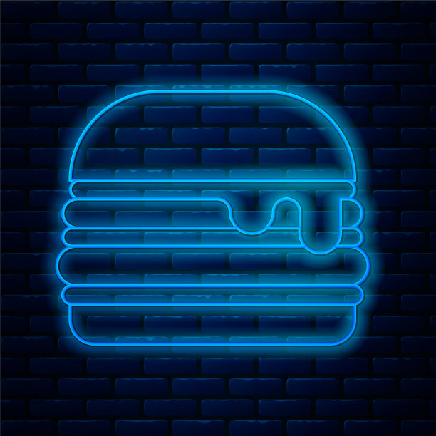 发光的霓虹灯线汉堡图标孤立在砖块上图片下载