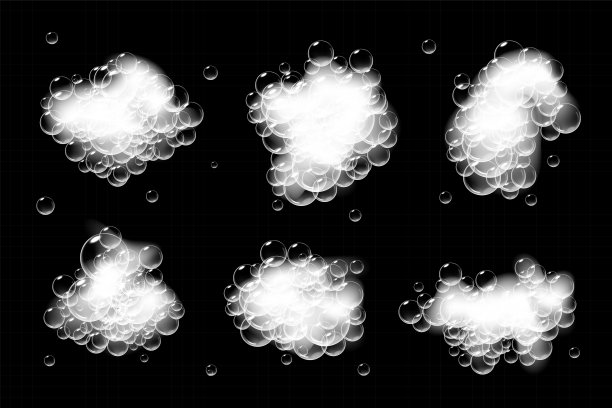 黑色背景上孤立的肥皂泡。闪闪发光的洗发水和沐浴泡沫向量插图。图片下载
