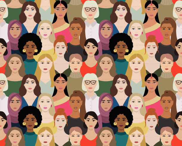 无缝模式的女性跨国多元化的面孔。国际妇女节模式。女性赋权的海报。手绘矢量插图的妇女的脸。图片下载