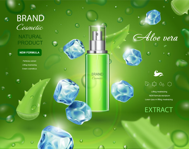芦荟化妆品喷雾器与冰块图片下载