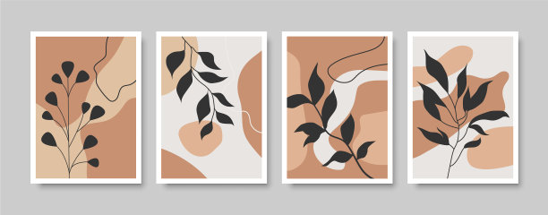 植物波西米亚墙艺术设置树叶艺术绘画图片下载