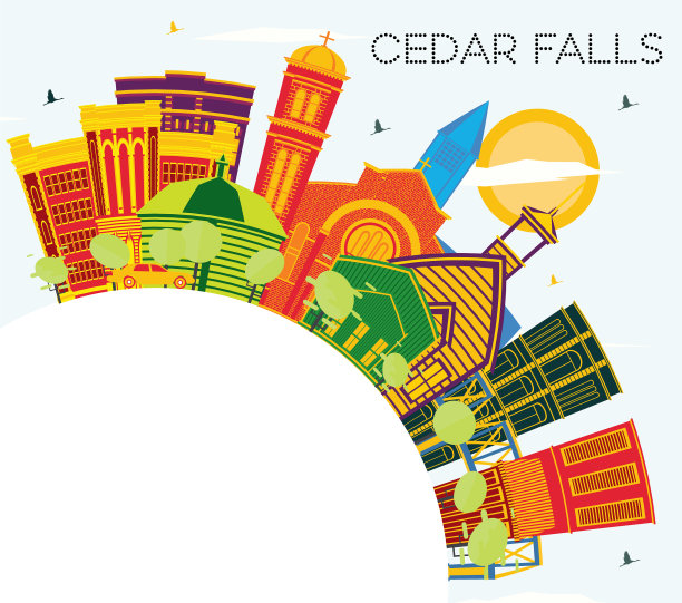 雪松落在爱荷华州的天际线与彩色建筑图片下载