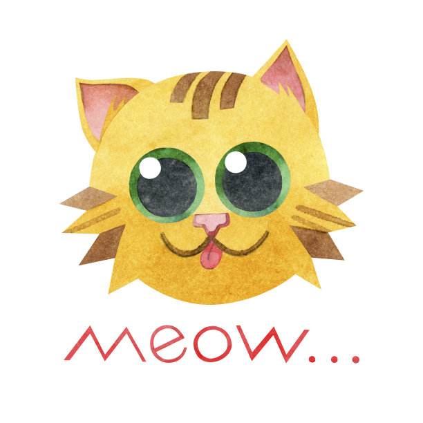 一张有姜黄色猫的明信片。手绘水彩题词“喵”和插图与一个有趣的可爱的小猫在一个白色的背景。用于海报、t恤、纺织品、印刷、卡片、贴纸。图片下载